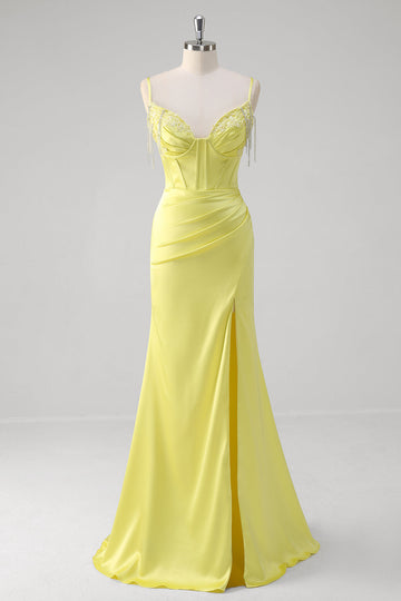 Giallo sirena corsetto spaghetti cinghie lungo abito da cerimonia con fessura